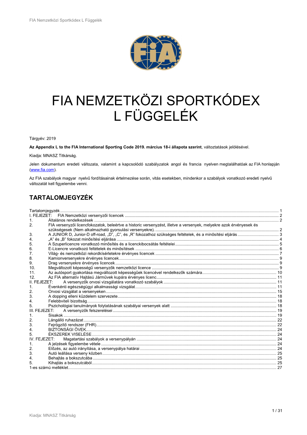 FIA Nemzetközi Sportkódex L Függelék