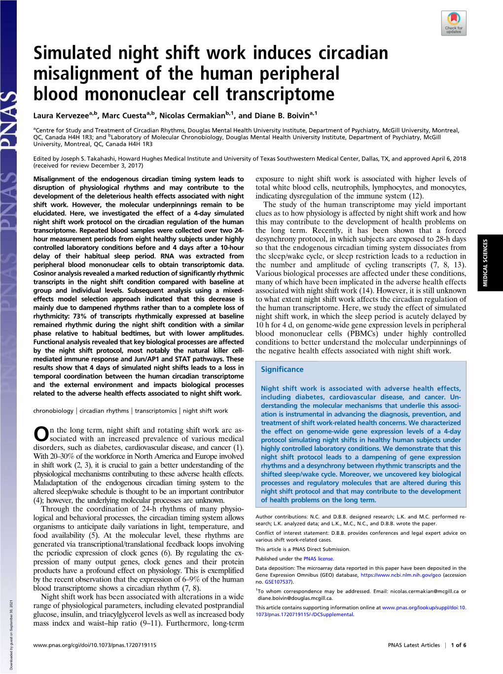 Simulated Night Shift Work Induces Circadian Misalignment of the Human Peripheral Blood Mononuclear Cell Transcriptome