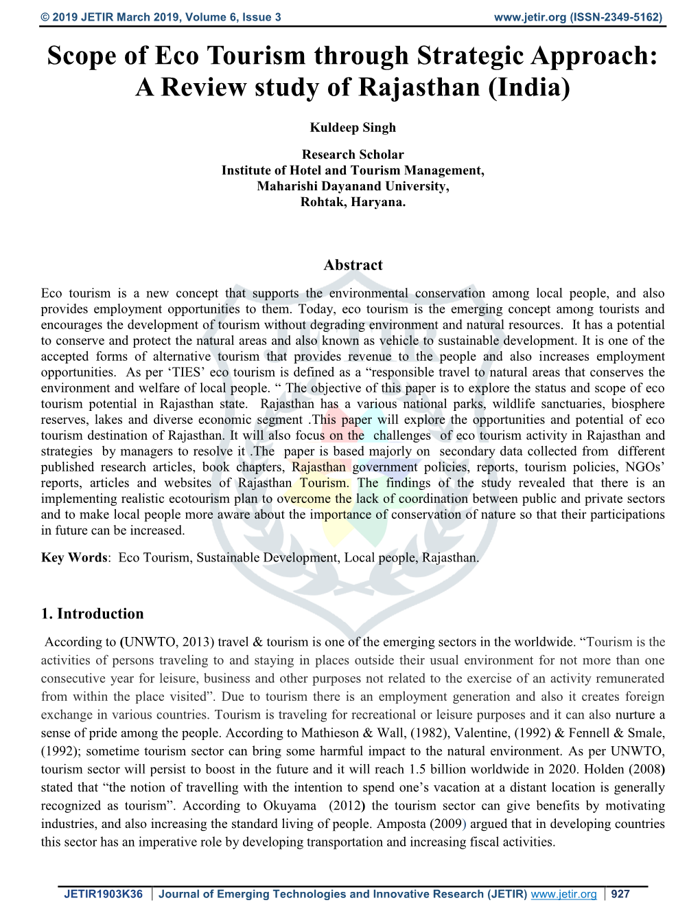 Scope of Eco Tourism Through Strategic Approach: a Review Study of Rajasthan (India)