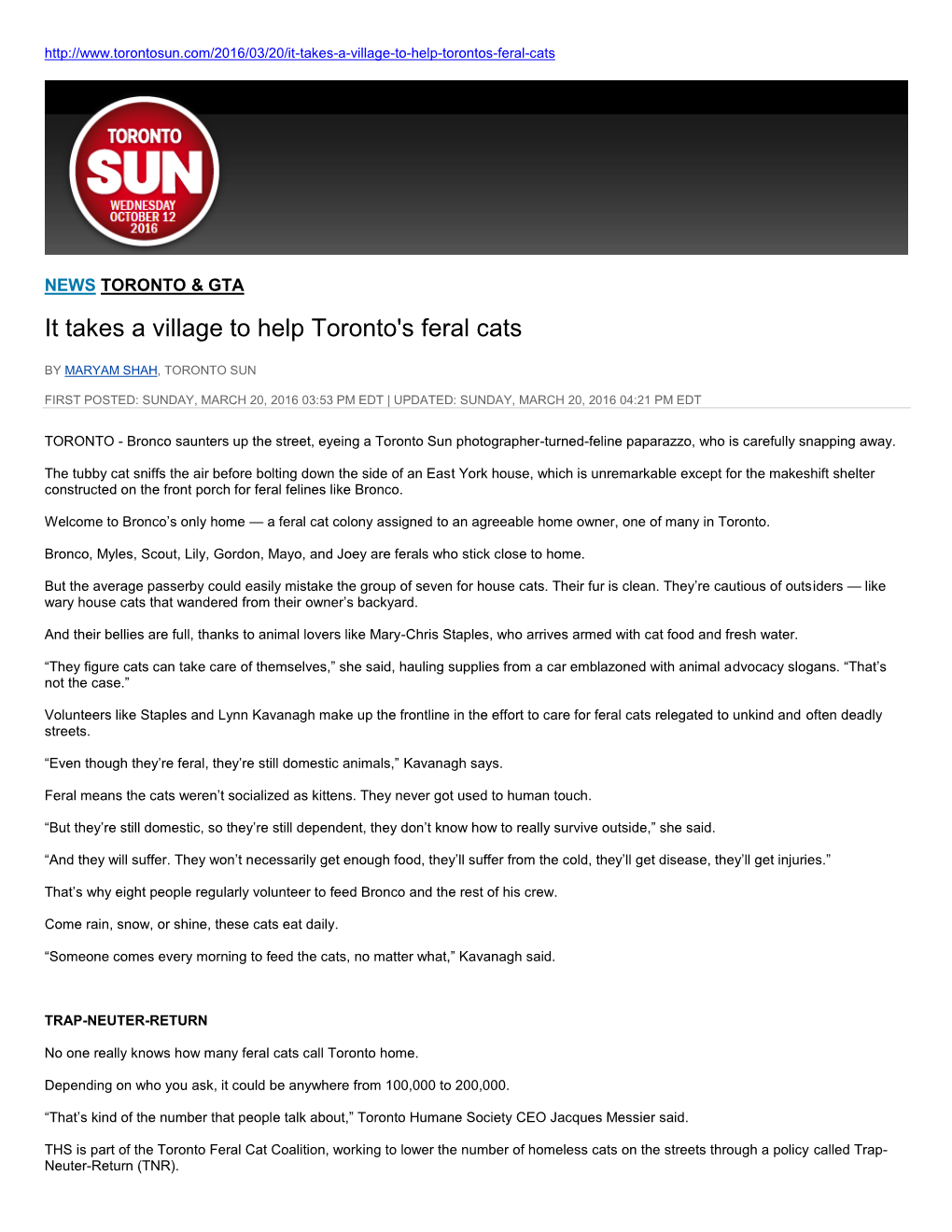 Toronto Sun – It Takes a Village to Help Toronto's Feral Cats