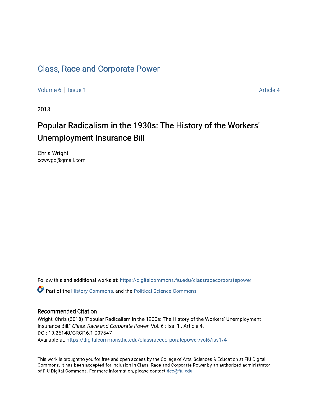 Popular Radicalism in the 1930S: the History of the Workers' Unemployment Insurance Bill