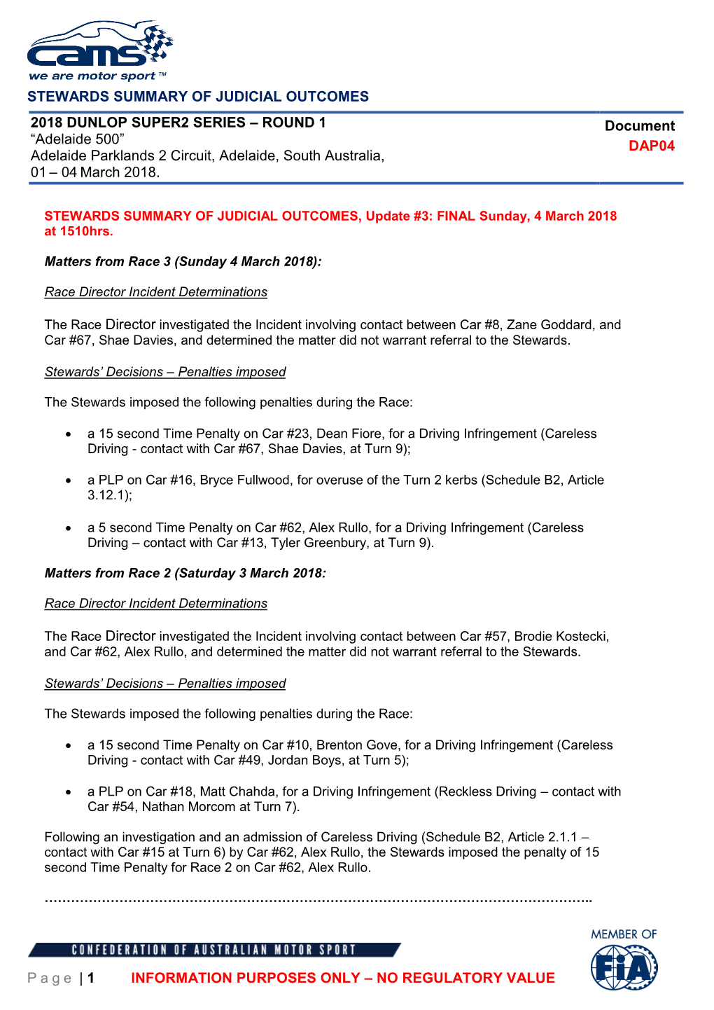 STEWARDS SUMMARY of JUDICIAL OUTCOMES Page