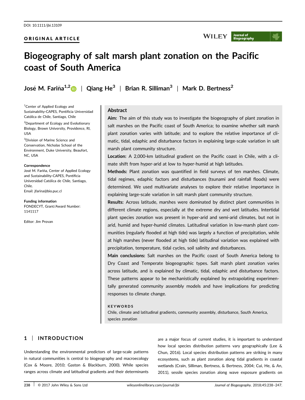 Biogeography of Salt Marsh Plant Zonation on the Pacific Coast of South America