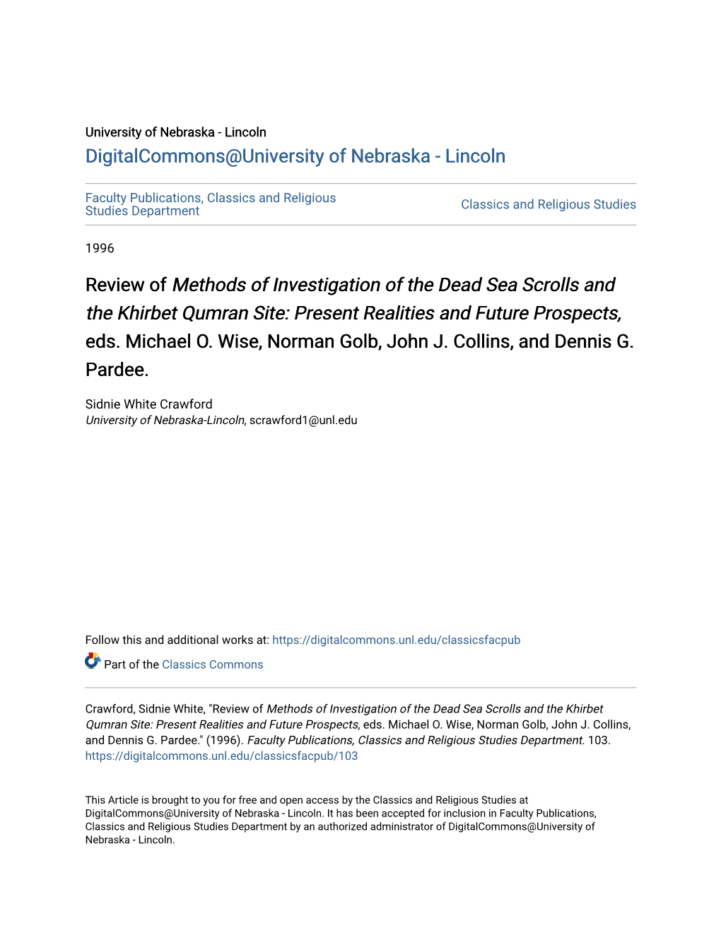 Review of Methods of Investigation of the Dead Sea Scrolls and the Khirbet Qumran Site: Present Realities and Future Prospects, Eds