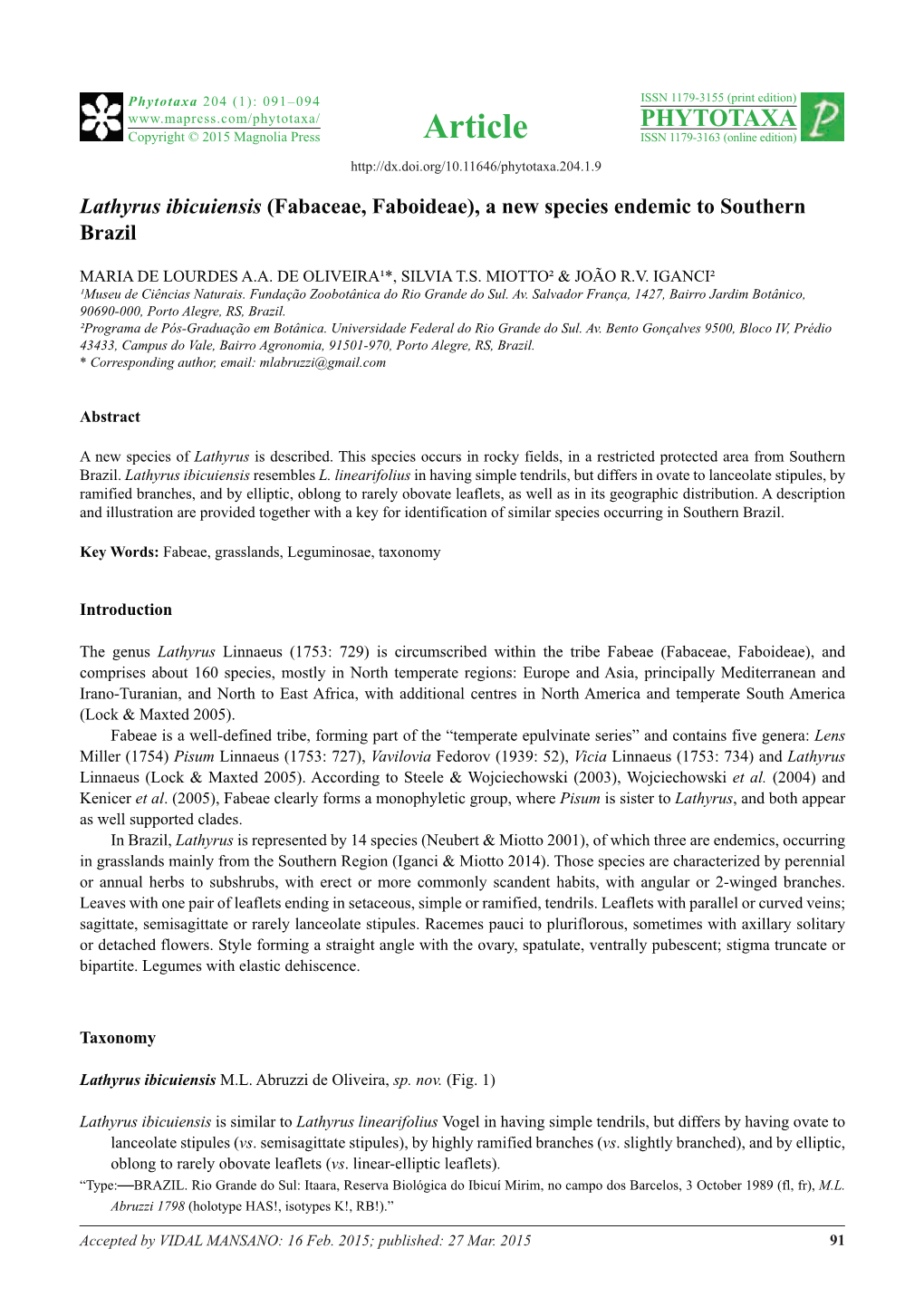 Lathyrus Ibicuiensis (Fabaceae, Faboideae), a New Species Endemic to Southern Brazil