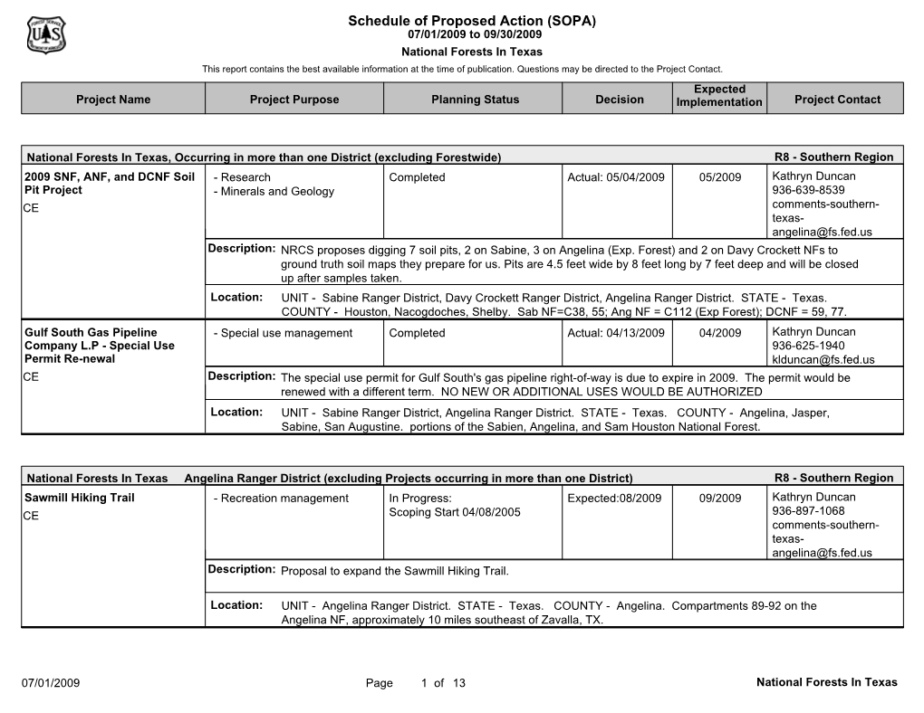 Schedule of Proposed Action (SOPA) 07/01/2009 to 09/30/2009 National Forests in Texas This Report Contains the Best Available Information at the Time of Publication