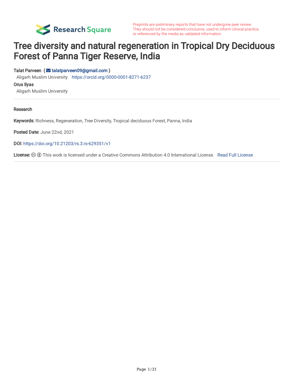 Tree Diversity and Natural Regeneration in Tropical Dry Deciduous Forest of Panna Tiger Reserve, India