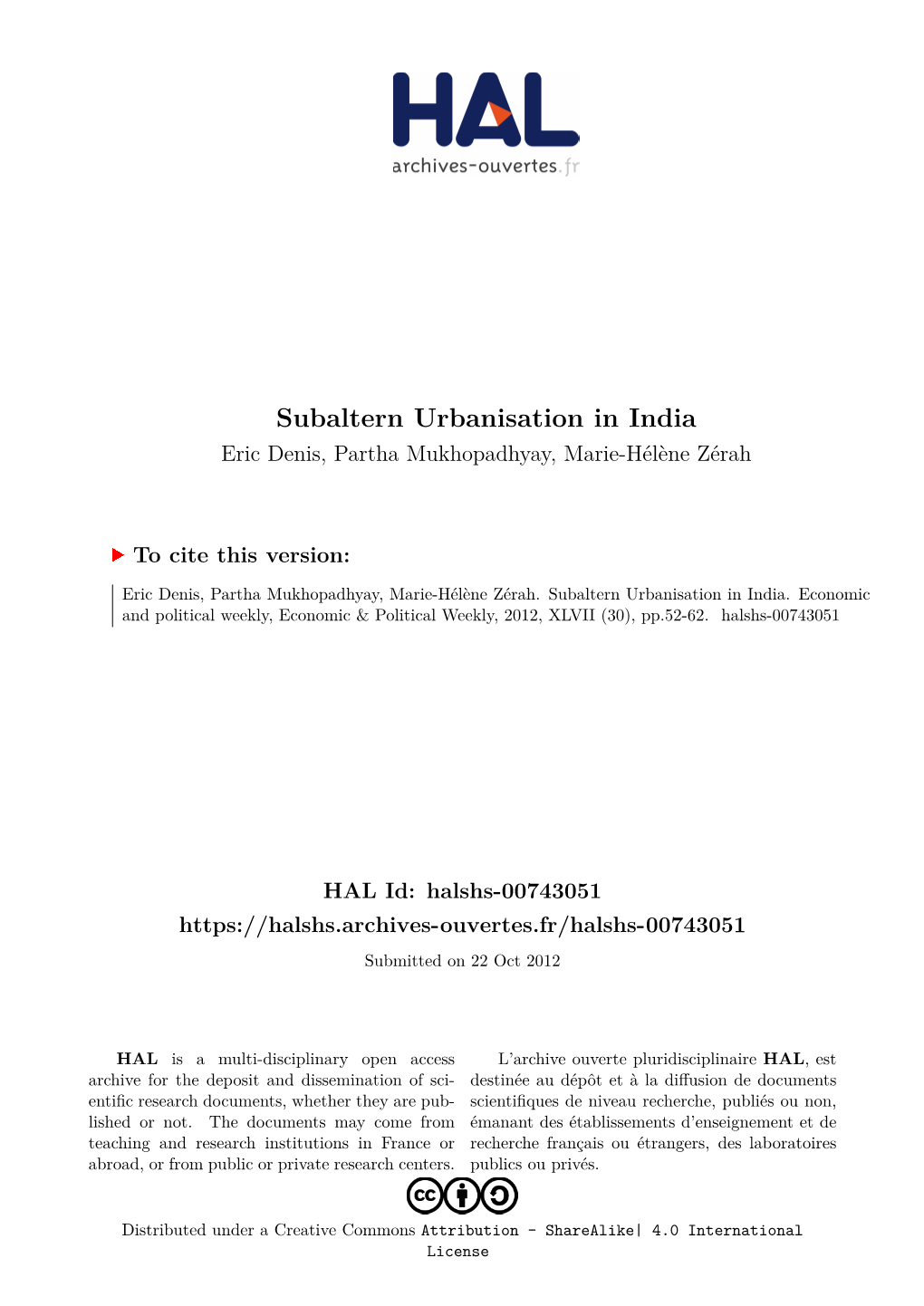 Subaltern Urbanisation in India Eric Denis, Partha Mukhopadhyay, Marie-Hélène Zérah