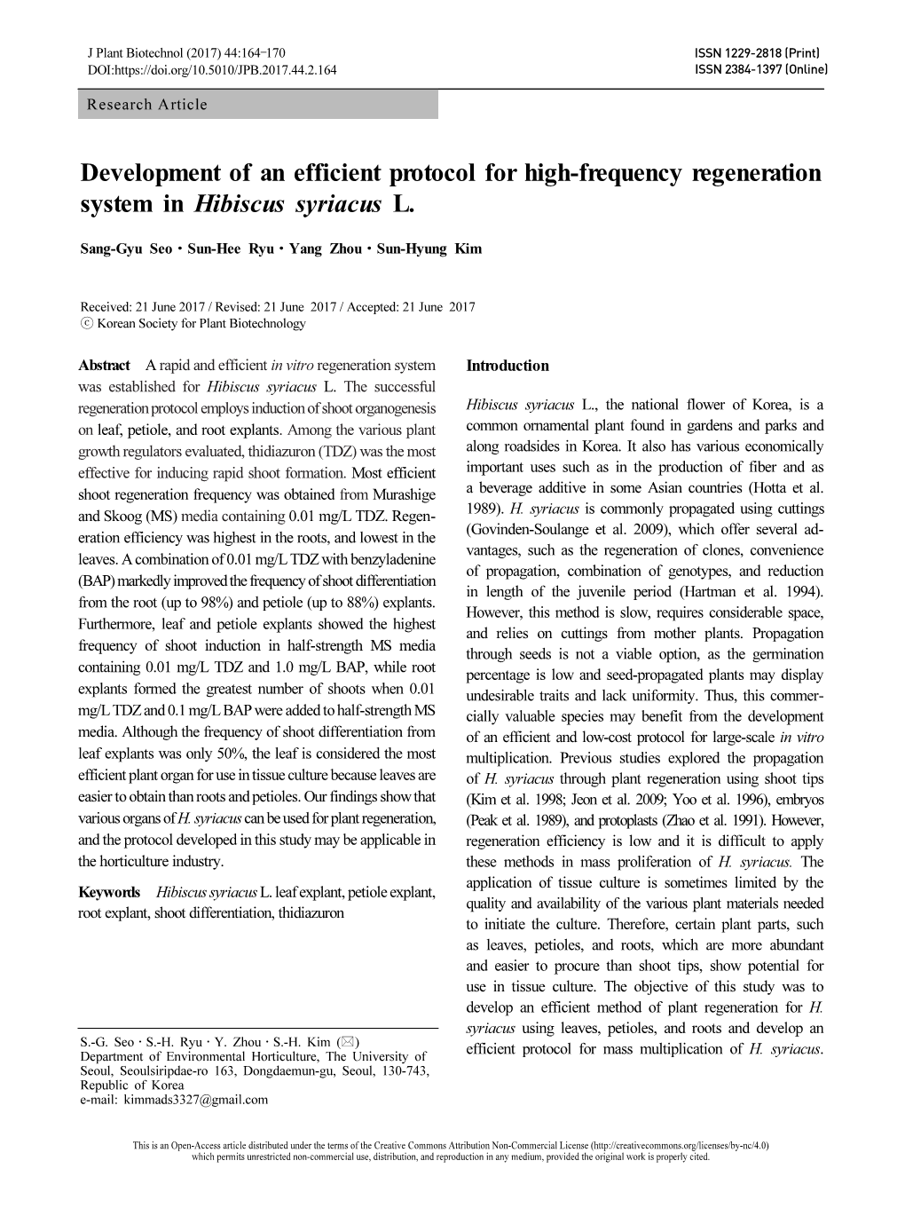 Development of an Efficient Protocol for High-Frequency Regeneration System in Hibiscus Syriacus L