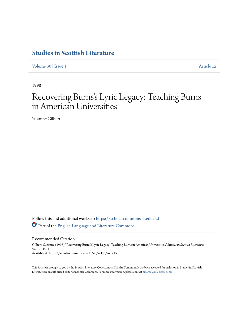 Recovering Burns's Lyric Legacy: Teaching Burns in American Universities Suzanne Gilbert