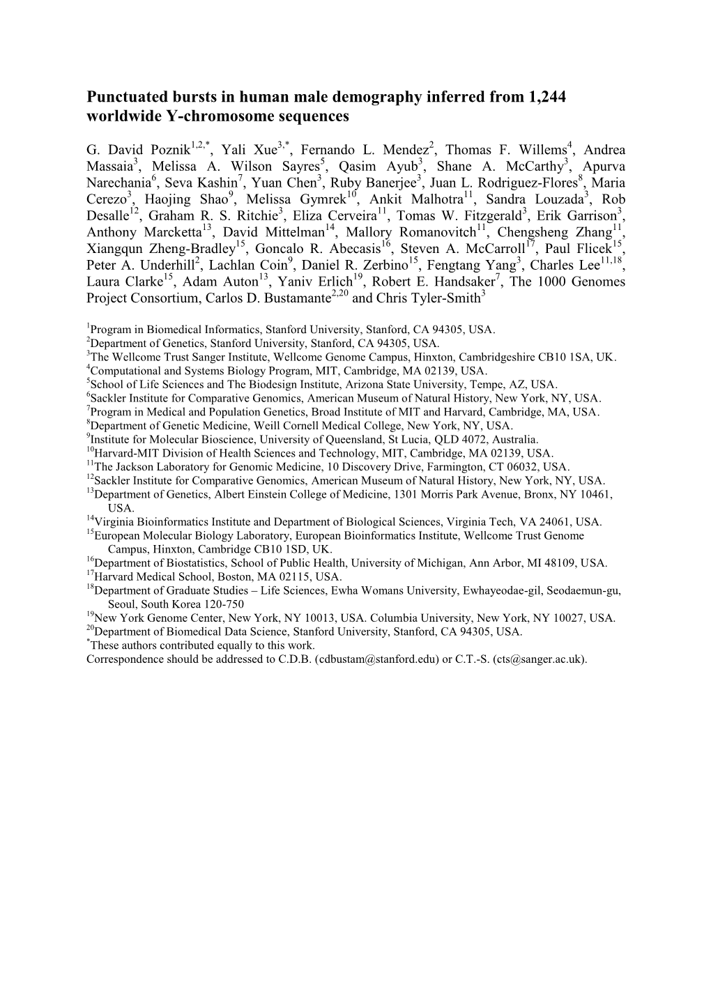 Punctuated Bursts in Human Male Demography Inferred from 1,244 Worldwide Y-Chromosome Sequences