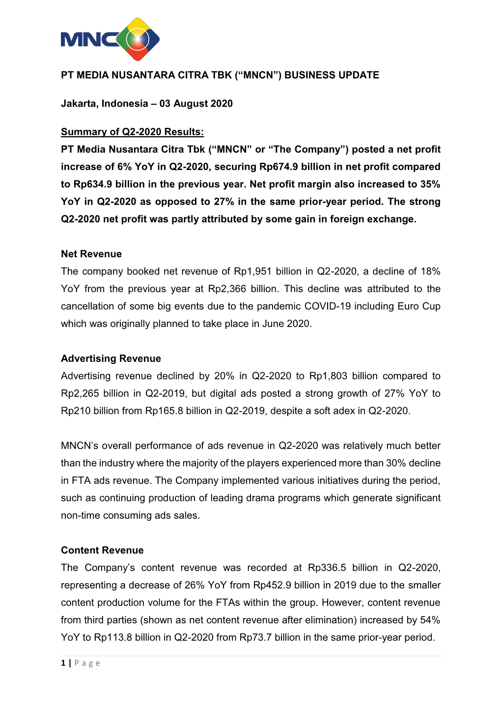 Pt Media Nusantara Citra Tbk (“Mncn”) Business Update