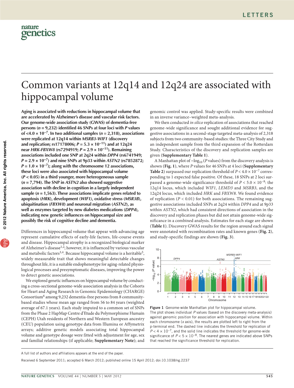 Common Variants at 12Q14 and 12Q24 Are Associated with Hippocampal Volume