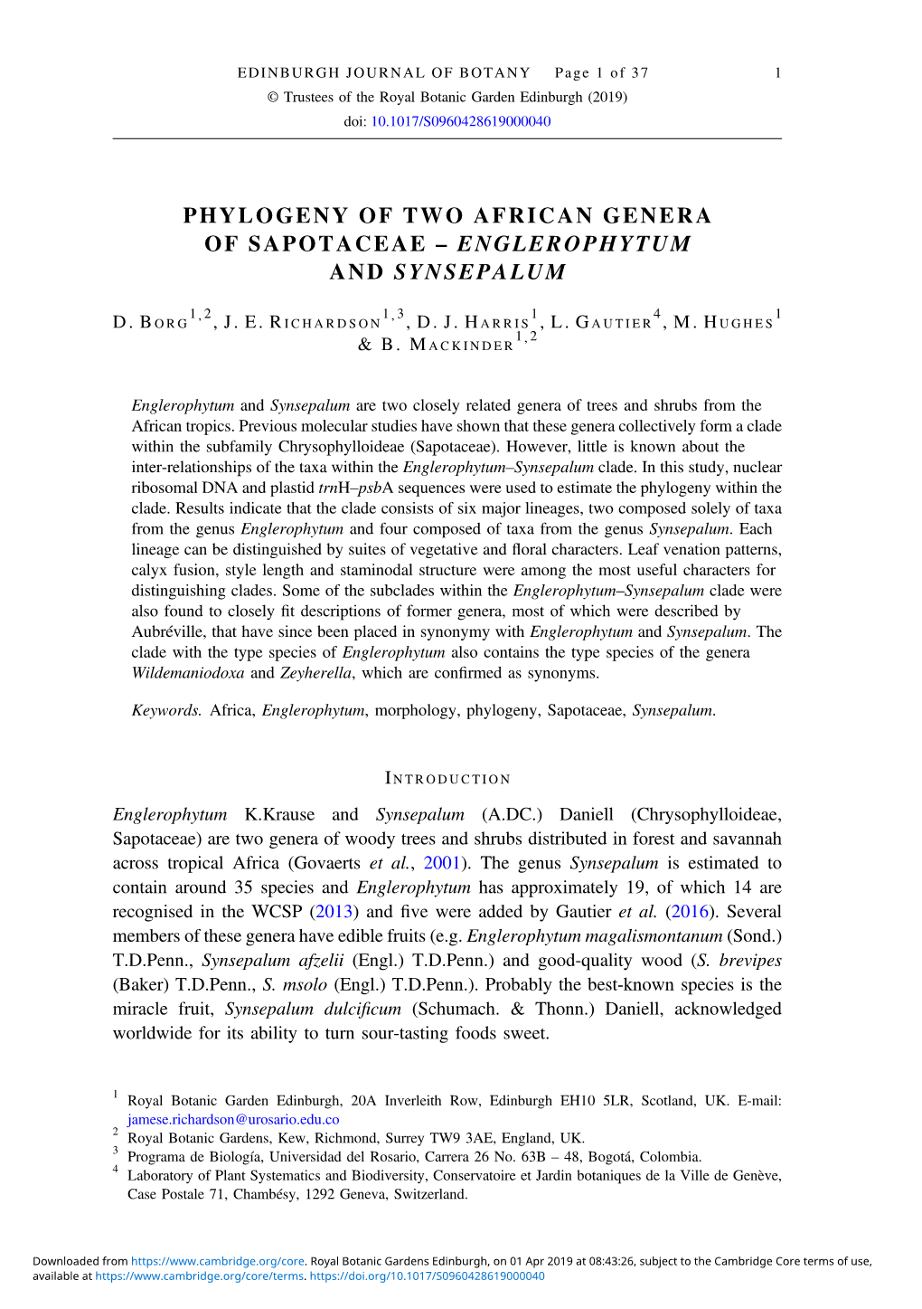 Phylogeny of Two African Genera of Sapotaceae – Englerophytum and Synsepalum