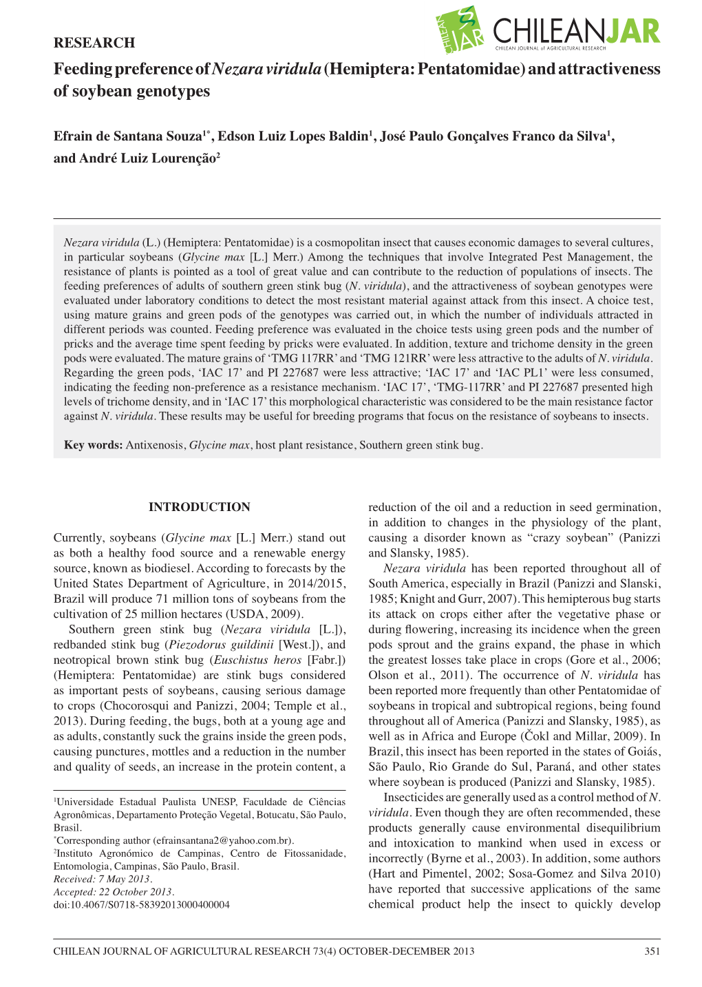 Feeding Preference of Nezara Viridula (Hemiptera: Pentatomidae) and Attractiveness of Soybean Genotypes