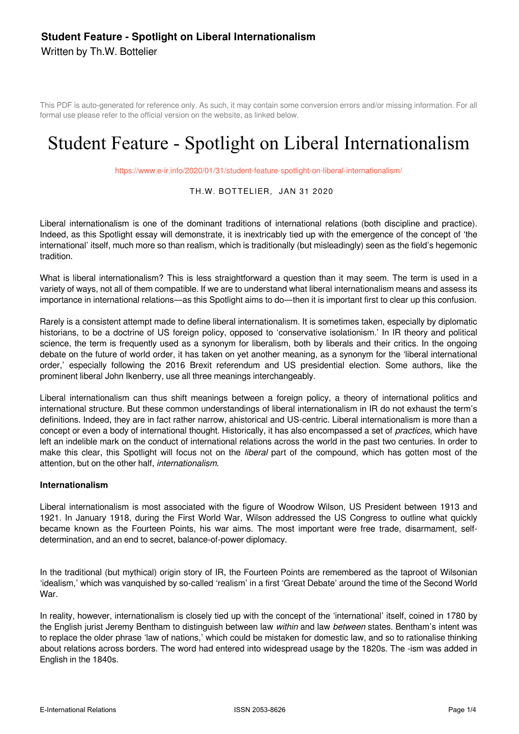 Spotlight on Liberal Internationalism Written by Th.W