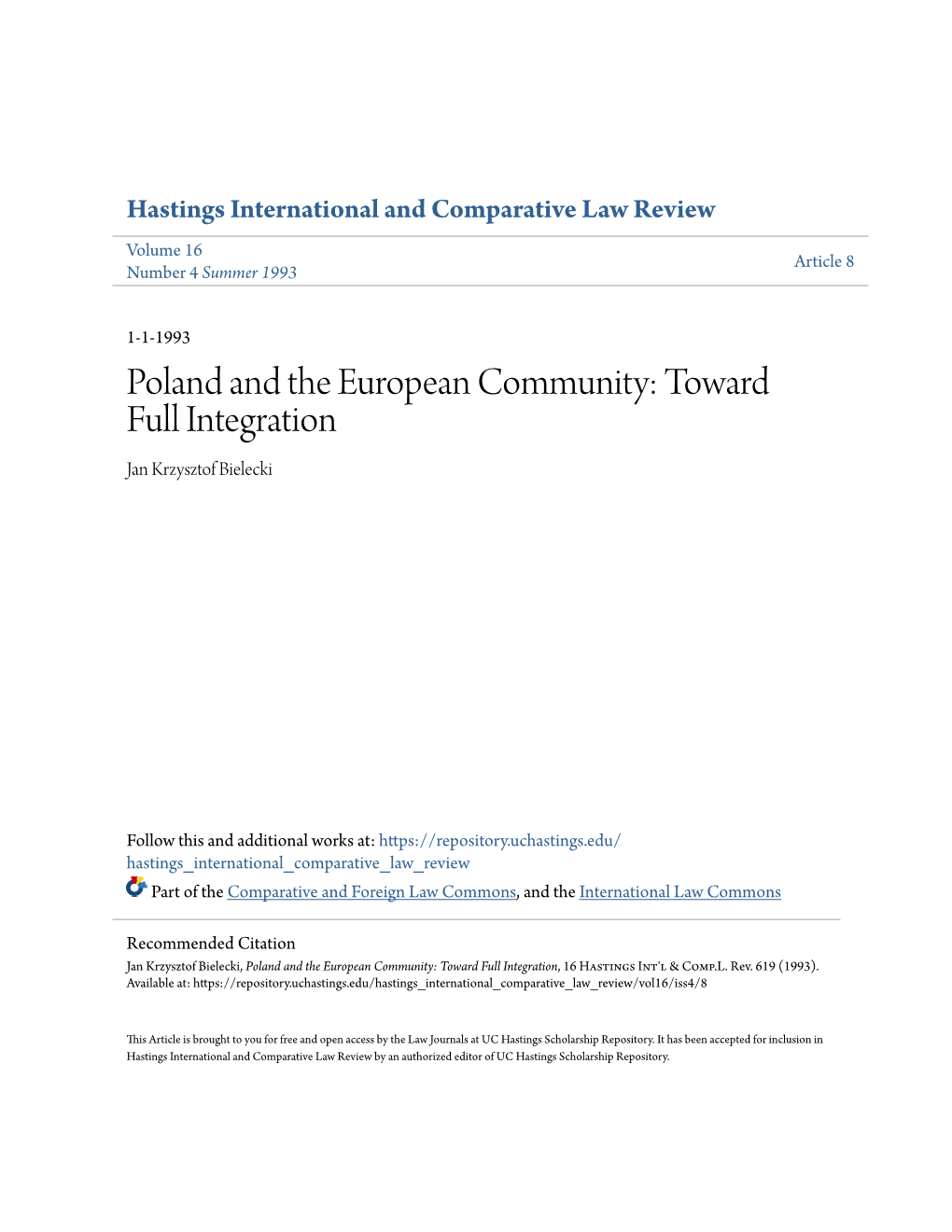 Poland and the European Community: Toward Full Integration Jan Krzysztof Bielecki
