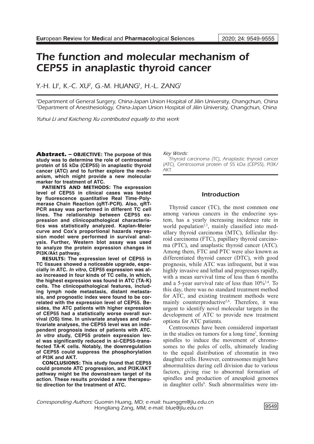 The Function and Molecular Mechanism of CEP55 in Anaplastic Thyroid Cancer