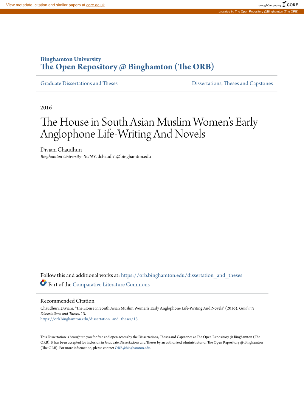 The House in South Asian Muslim Women's Early