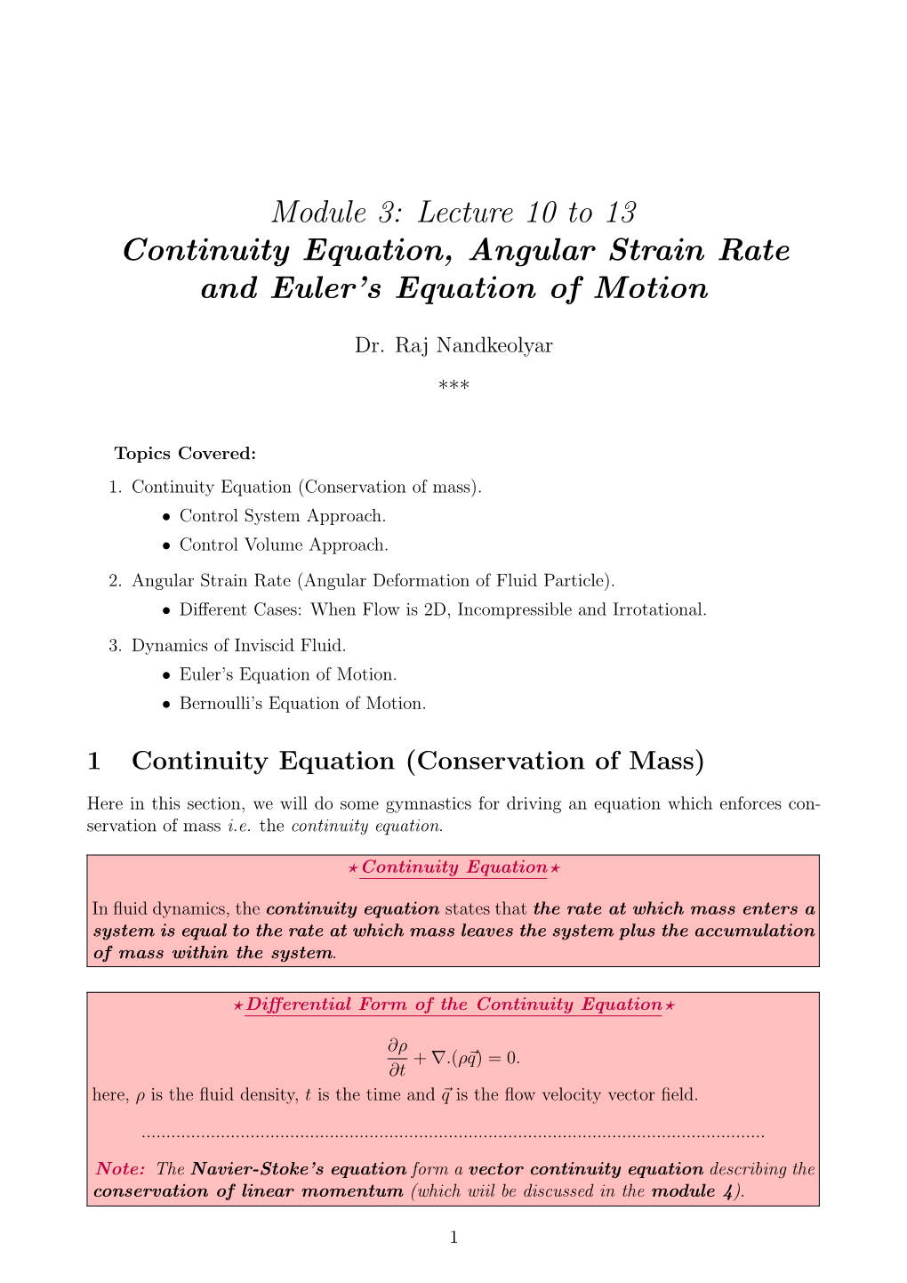 Module 3: Lecture 10 to 13 Continuity Equation, Angular Strain Rate and Euler's Equation of Motion