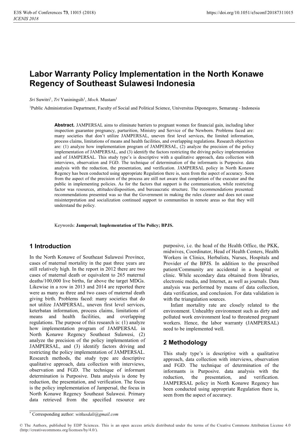 Labor Warranty Policy Implementation in the North Konawe Regency of Southeast Sulawesi Indonesia