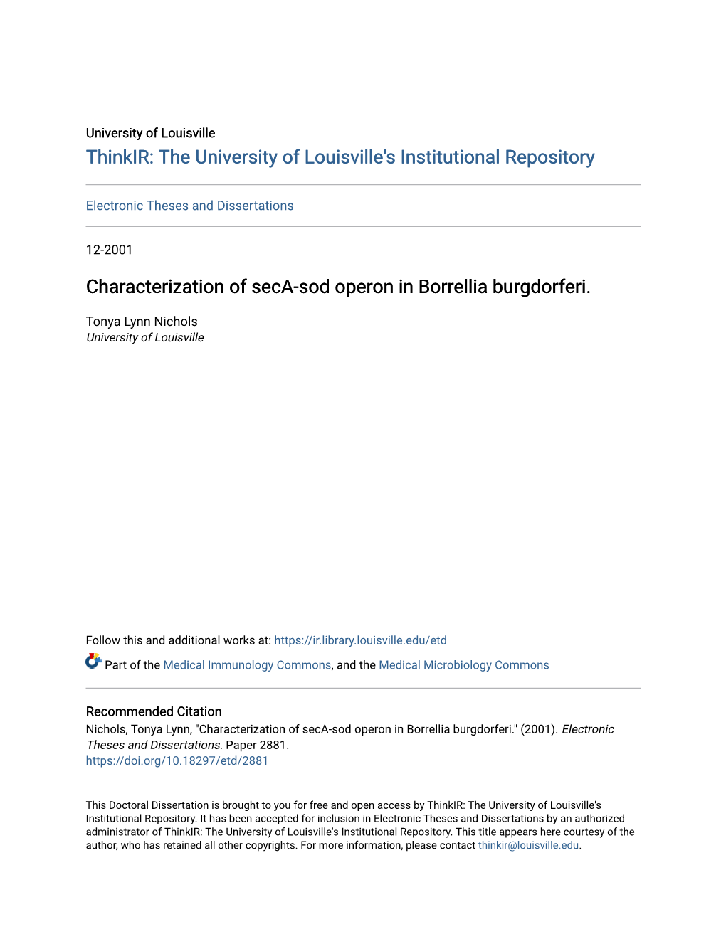 Characterization of Seca-Sod Operon in Borrellia Burgdorferi