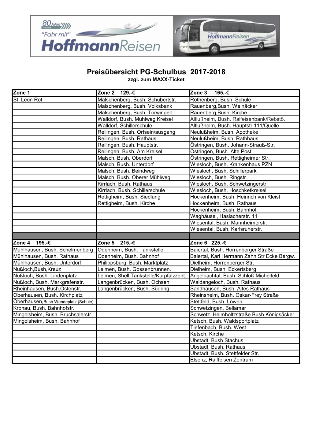 Preisübersicht PG-Schulbus 2017-2018 Zzgl