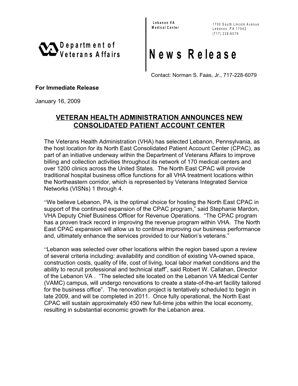 Veteran Health Administration Announces New Consolidated Patient Account Center