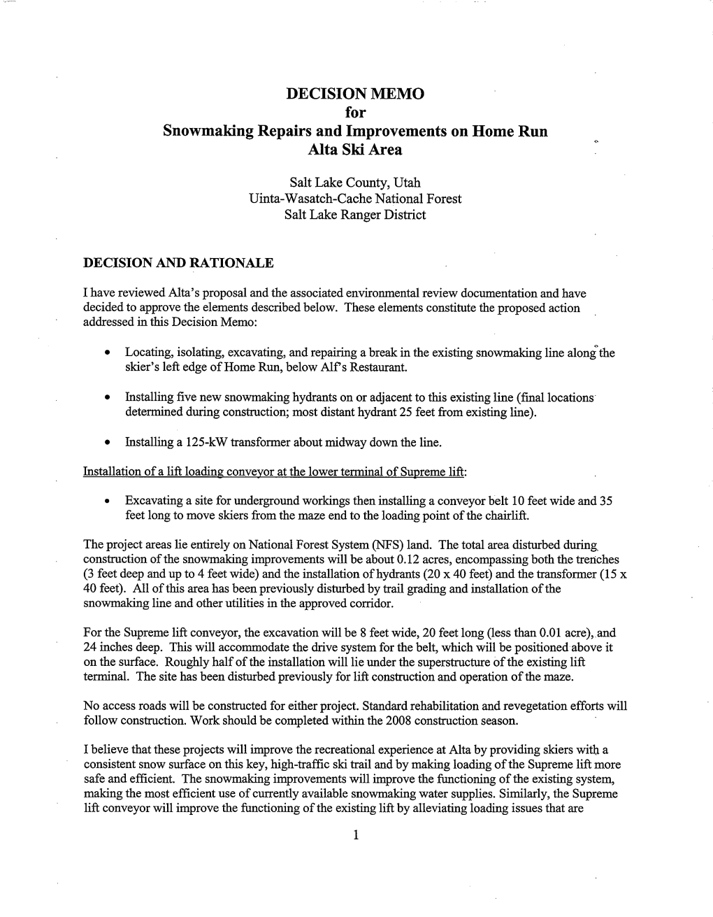DECISION MEMO for Snowmaking Repairs and Improvements on Home Run Alta Ski Area