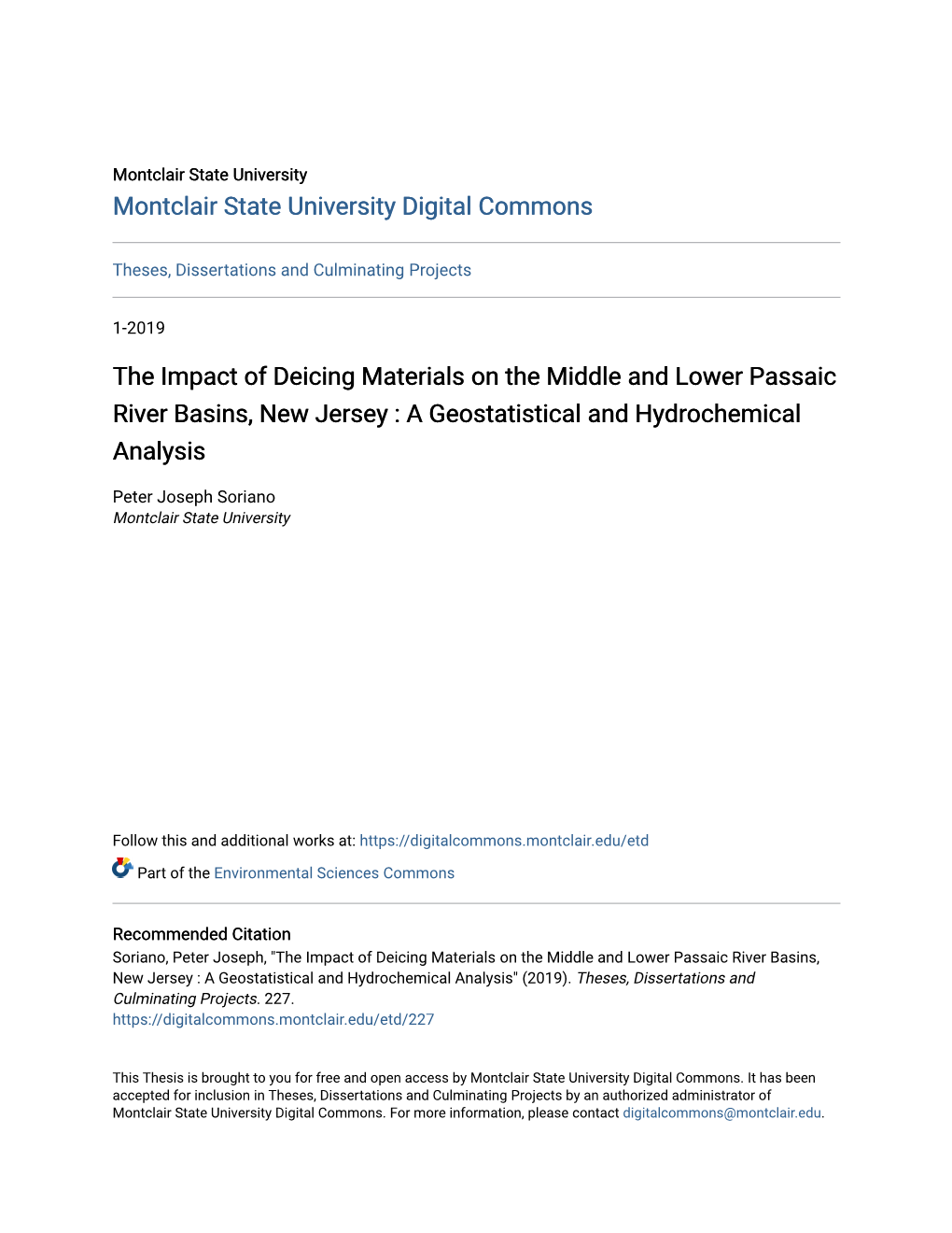 The Impact of Deicing Materials on the Middle and Lower Passaic River Basins, New Jersey : a Geostatistical and Hydrochemical Analysis