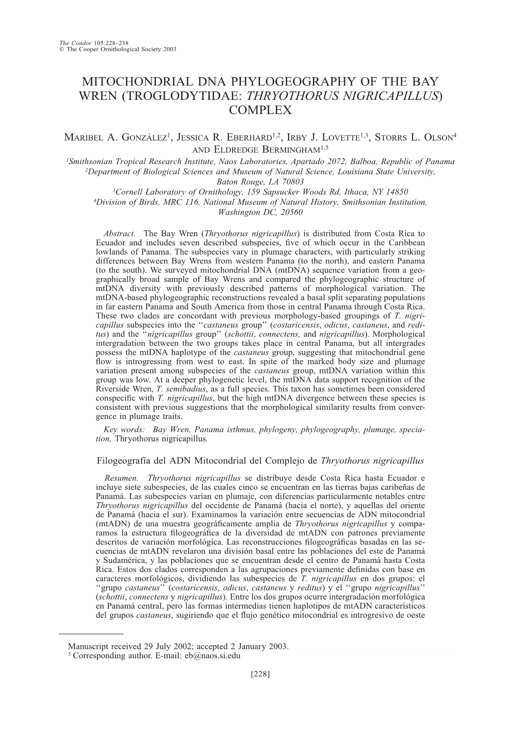 Mitochondrial Dna Phylogeography of the Bay Wren (Troglodytidae: Thryothorus Nigricapillus) Complex