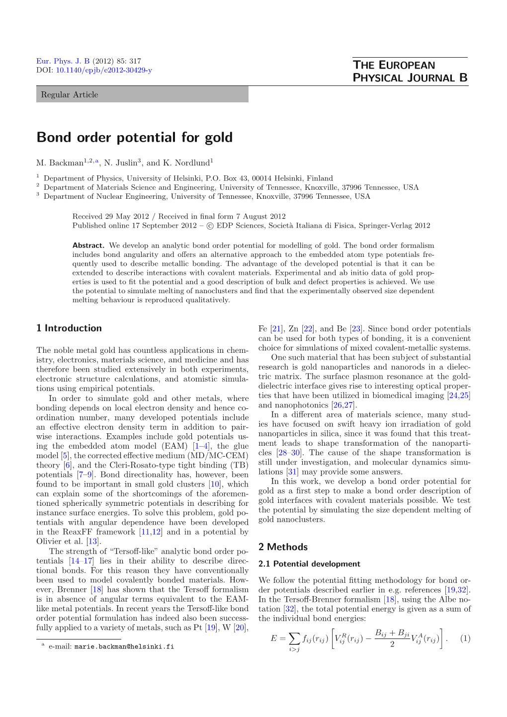 Bond Order Potential for Gold
