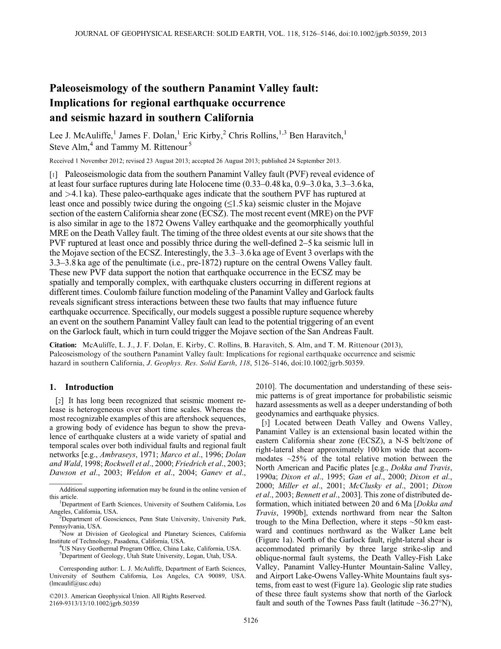 Paleoseismology of the Southern Panamint Valley Fault: Implications for Regional Earthquake Occurrence and Seismic Hazard in Southern California Lee J