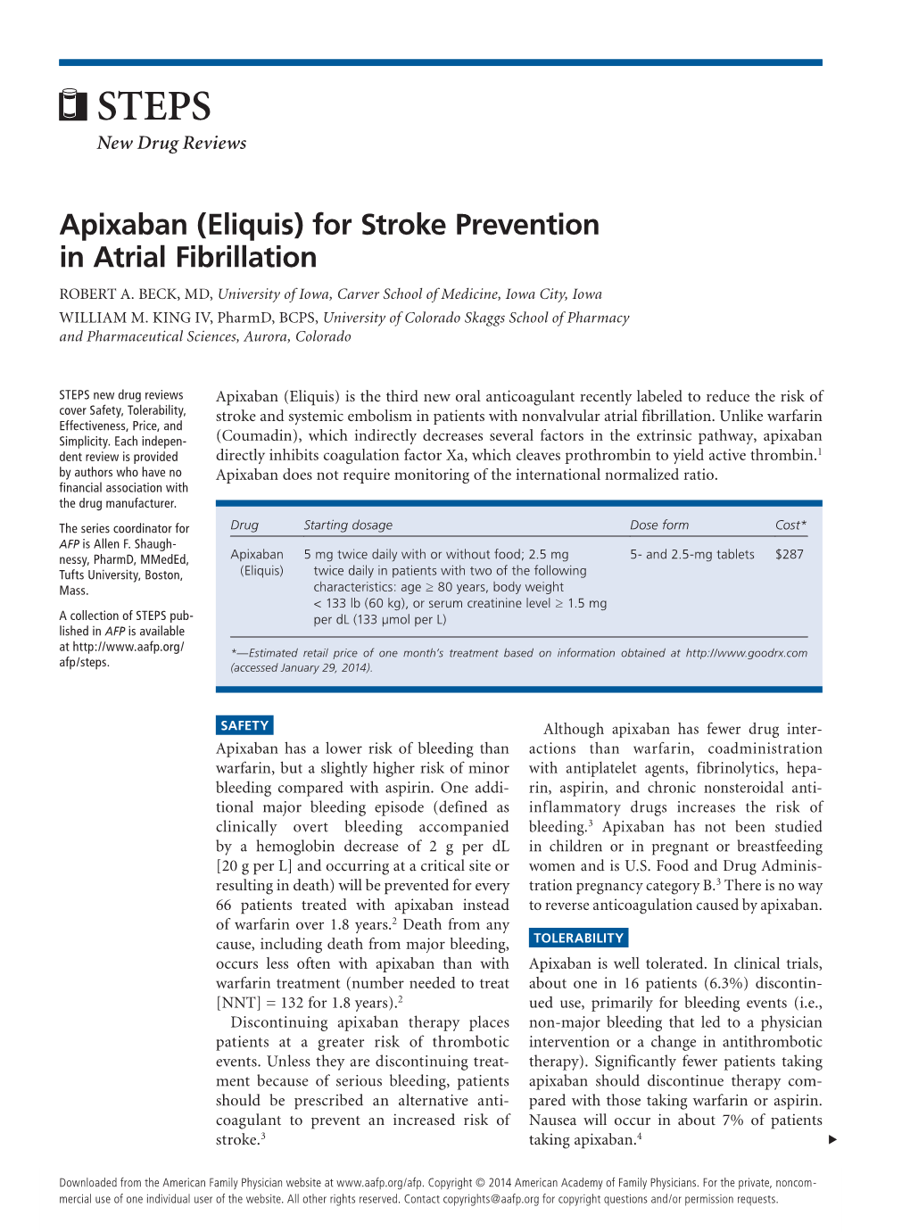 Apixaban (Eliquis) for Stroke Prevention in Atrial Fibrillation ROBERT A