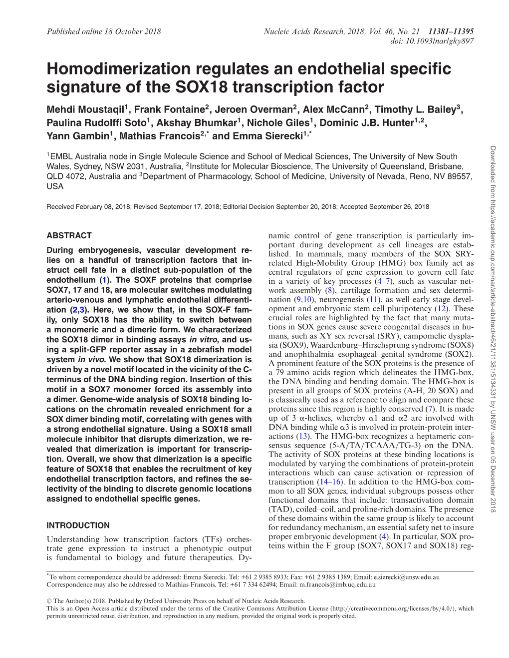Homodimerization Regulates an Endothelial Specific Signature of the SOX18 Transcription Factor