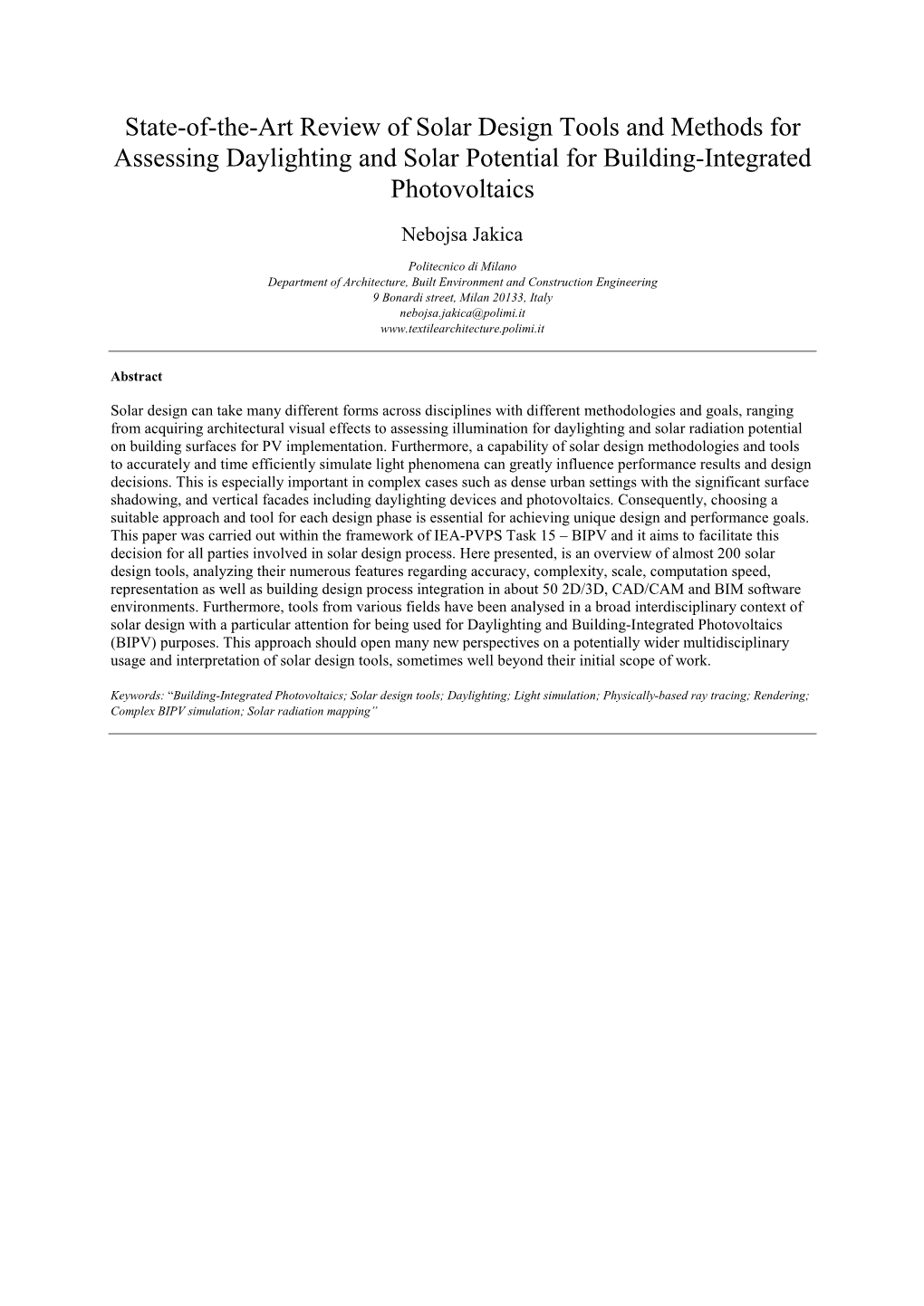 State-Of-The-Art Review of Solar Design Tools and Methods for Assessing Daylighting and Solar Potential for Building-Integrated Photovoltaics