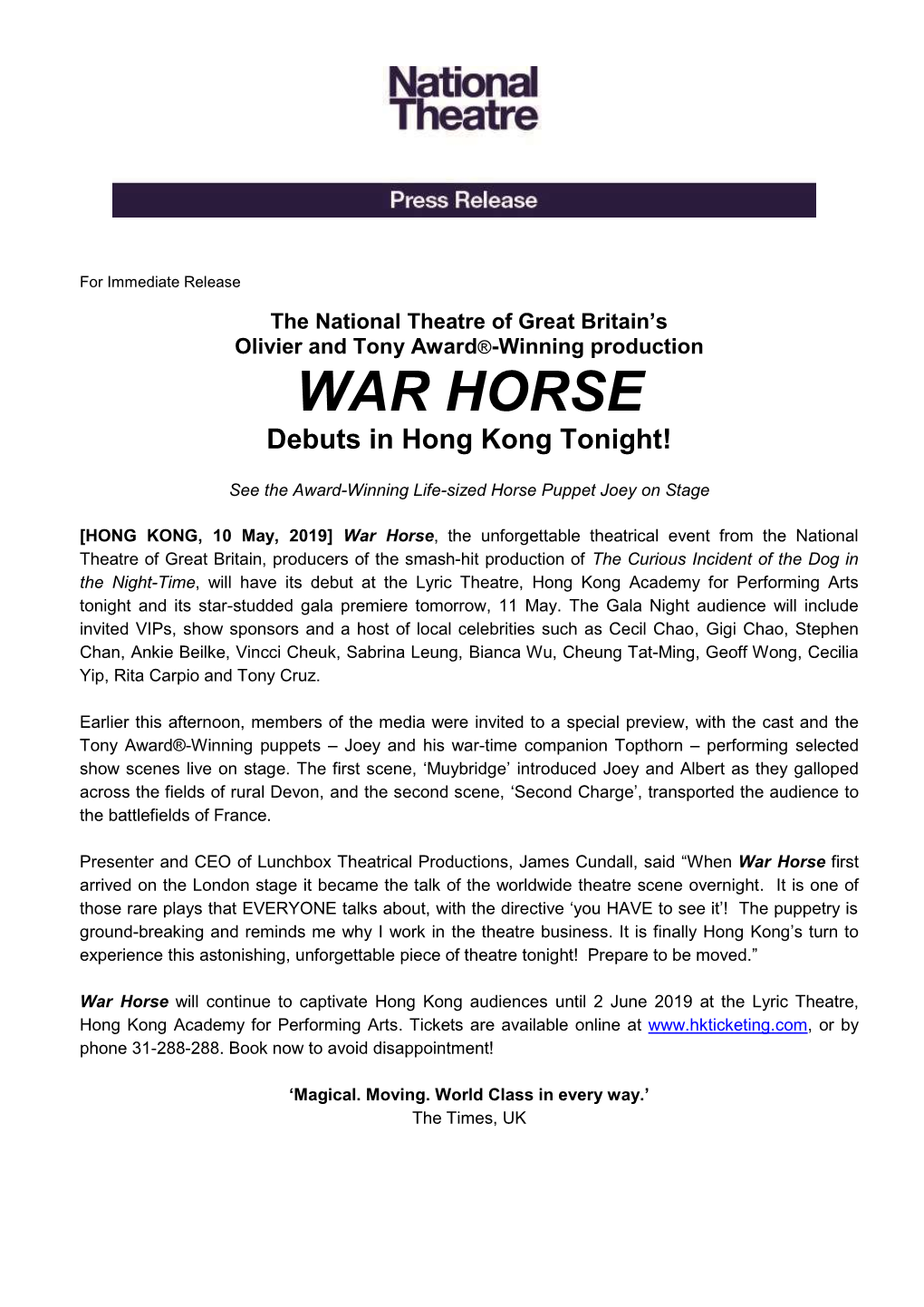 WAR HORSE Debuts in Hong Kong Tonight!