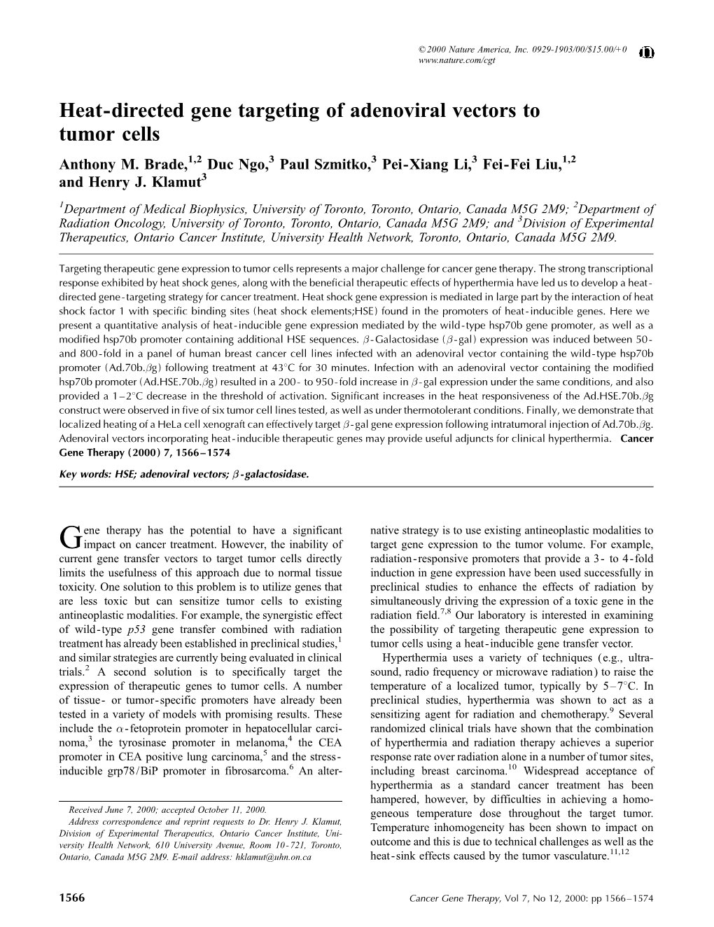 Heat-Directed Gene Targeting of Adenoviral Vectors to Tumor Cells Anthony M