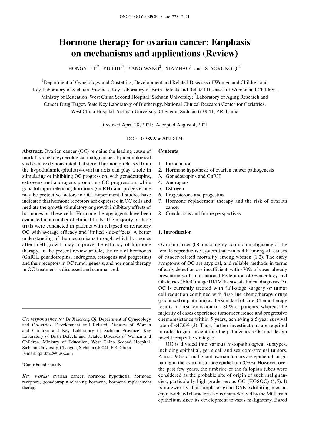 Hormone Therapy for Ovarian Cancer: Emphasis on Mechanisms and Applications (Review)