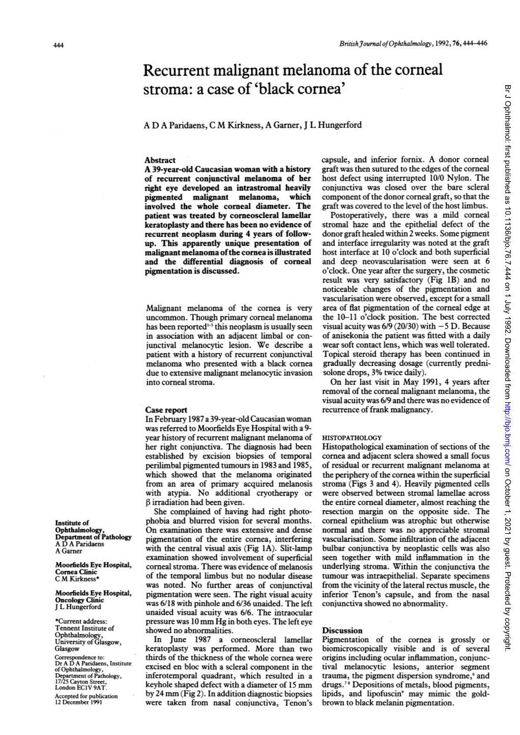 Stroma: a Case of 'Black Cornea' Br J Ophthalmol: First Published As 10.1136/Bjo.76.7.444 on 1 July 1992