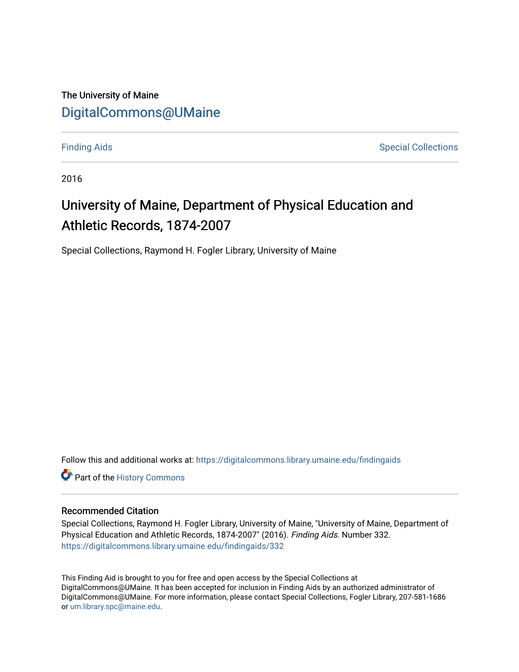 University of Maine, Department of Physical Education and Athletic Records, 1874-2007