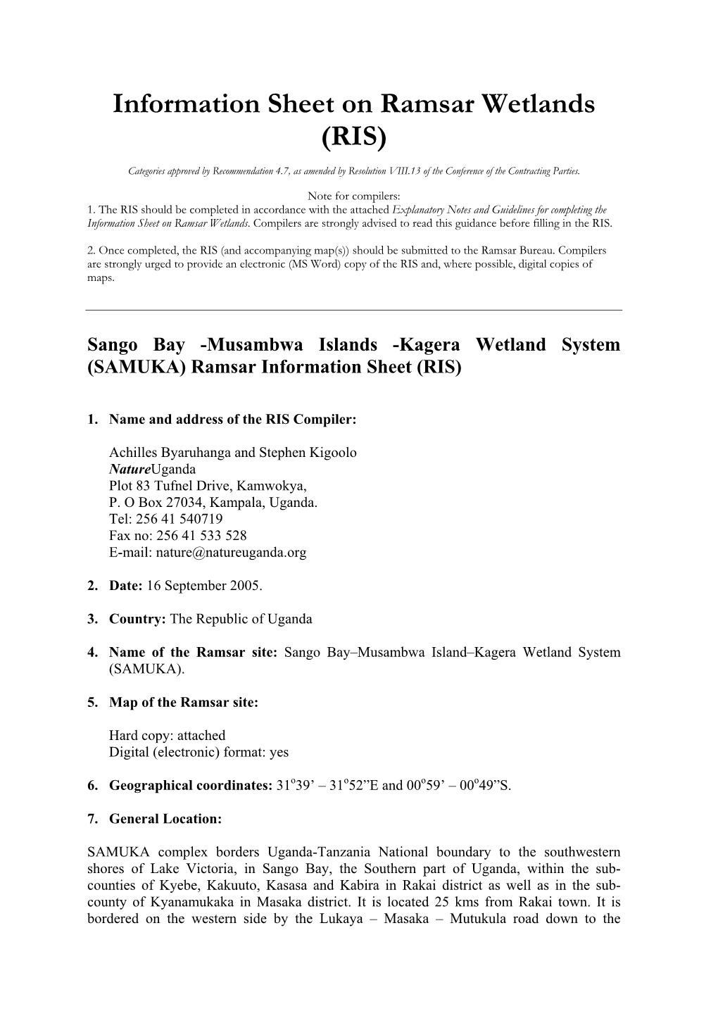 Lake Opeta Ramsar Information Sheet (Ris)