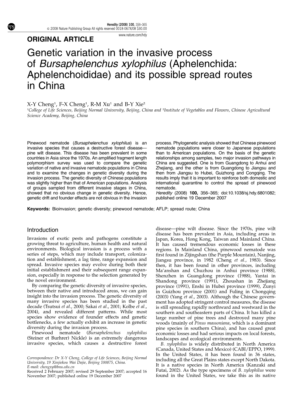 Genetic Variation in the Invasive Process of Bursaphelenchus Xylophilus (Aphelenchida: Aphelenchoididae) and Its Possible Spread Routes in China