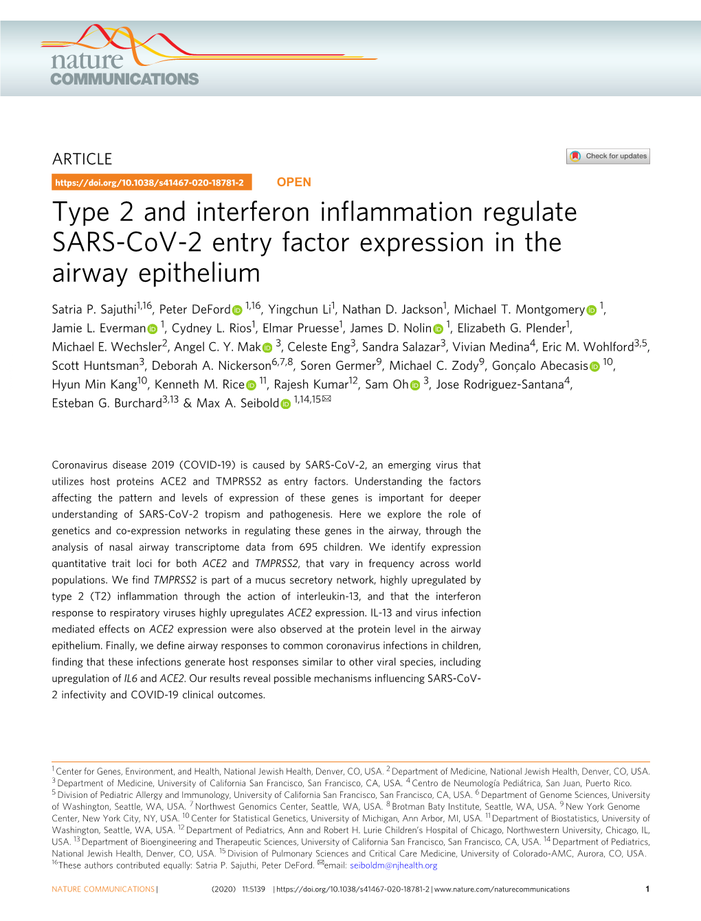 Type 2 and Interferon Inflammation Regulate SARS-Cov-2 Entry Factor