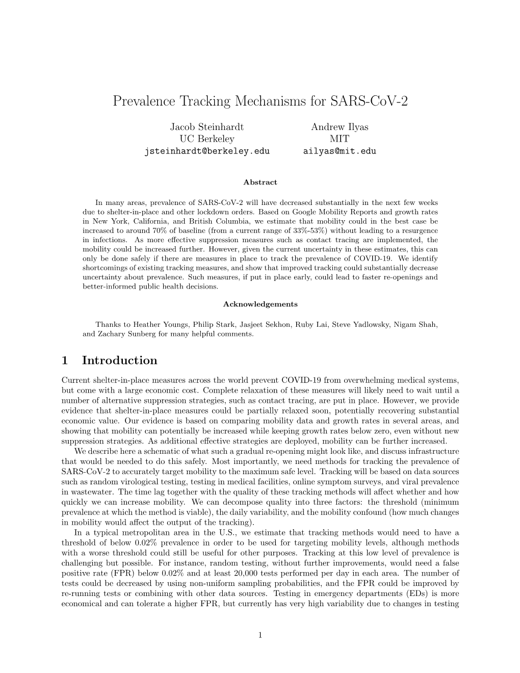 Prevalence Tracking Mechanisms for SARS-Cov-2