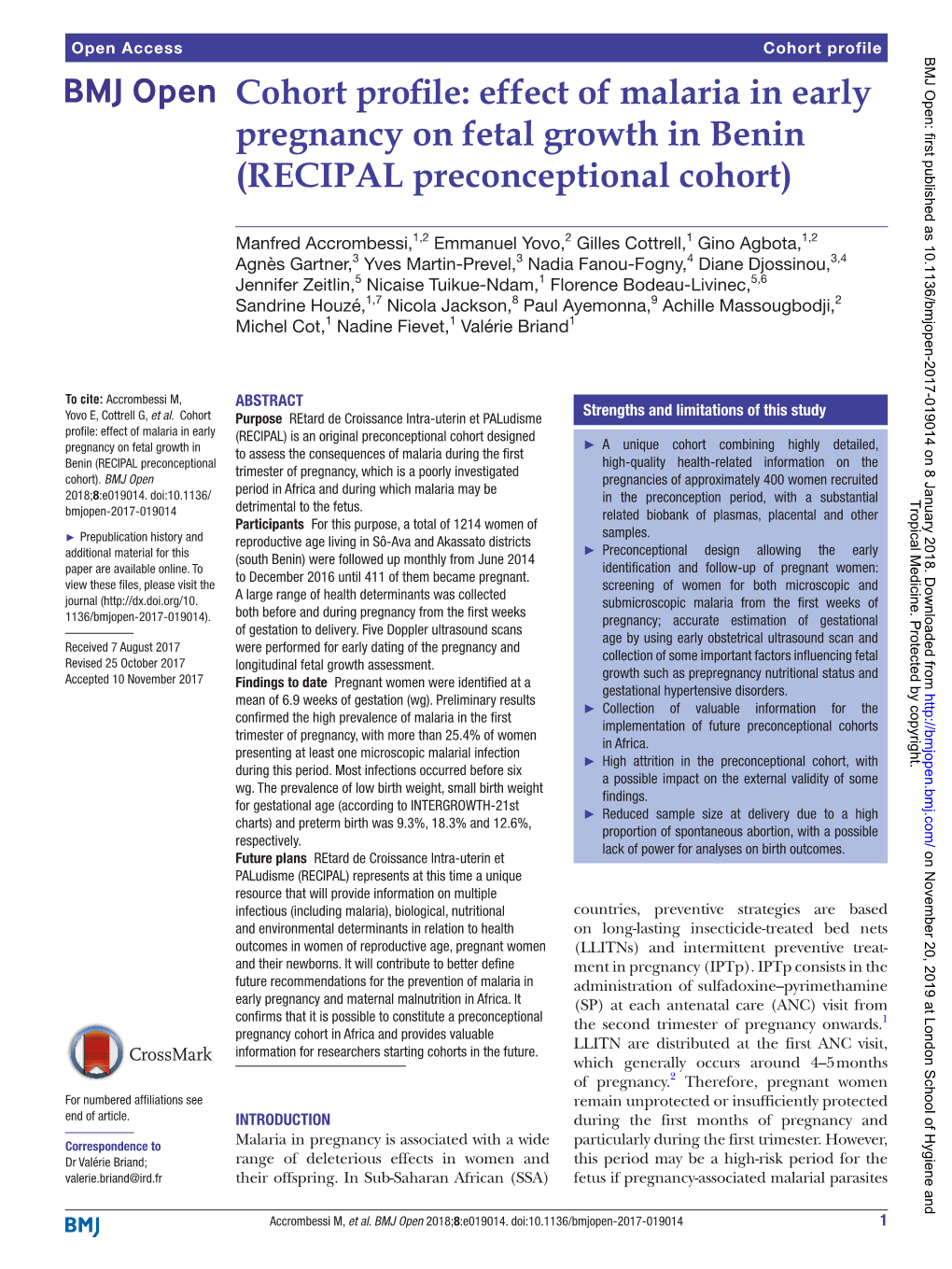 Cohort Profile: Effect of Malaria in Early Pregnancy on Fetal Growth in Benin (RECIPAL Preconceptional Cohort)