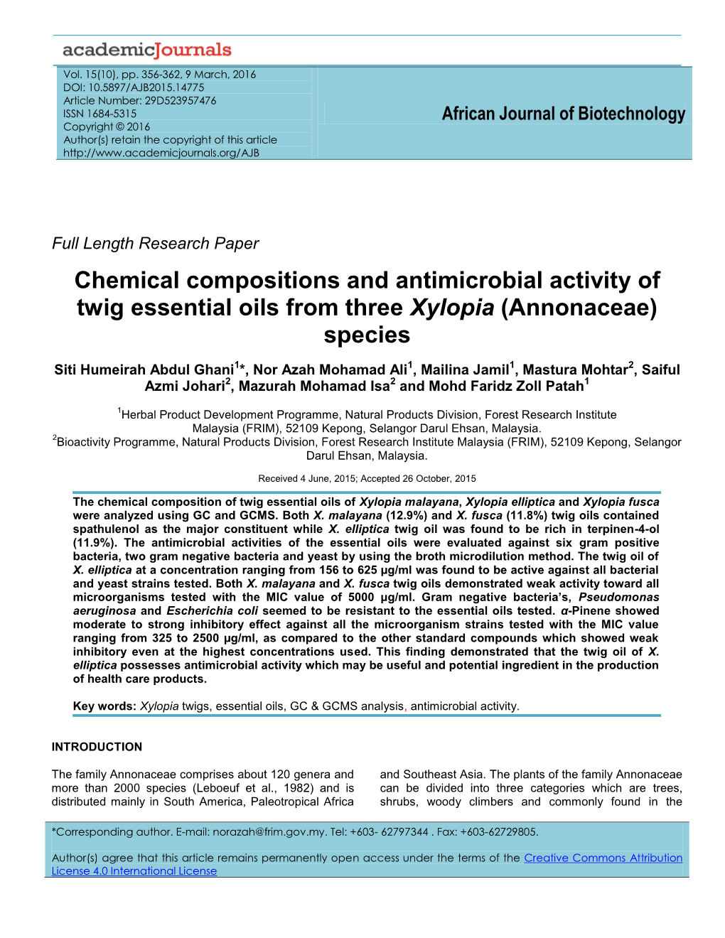 Chemical Compositions and Antimicrobial Activity of Twig Essential Oils from Three Xylopia (Annonaceae) Species