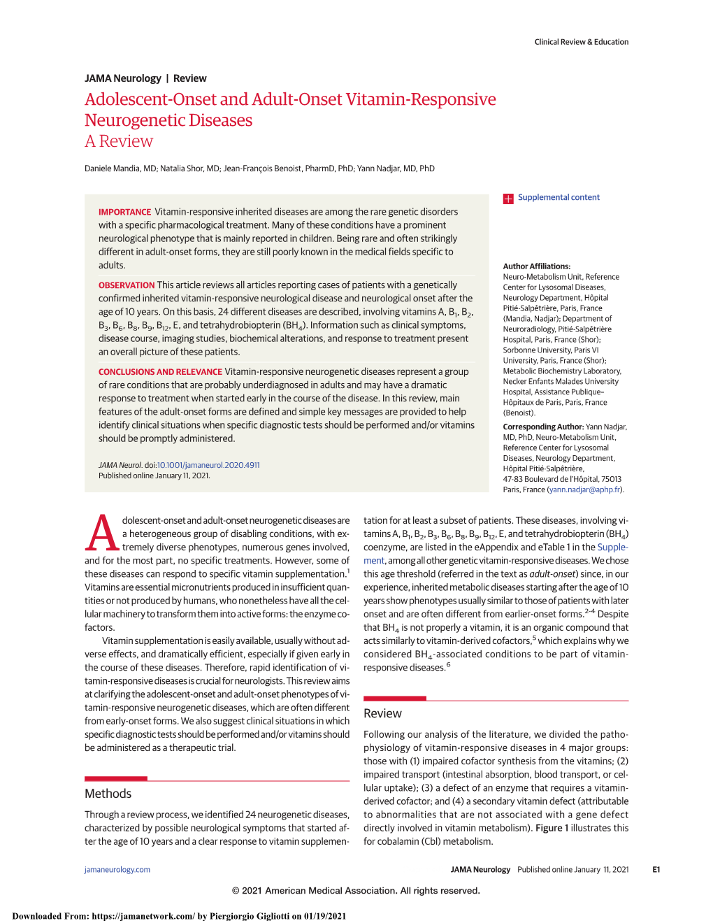 Adolescent-Onset and Adult-Onset Vitamin-Responsive Neurogenetic Diseases a Review