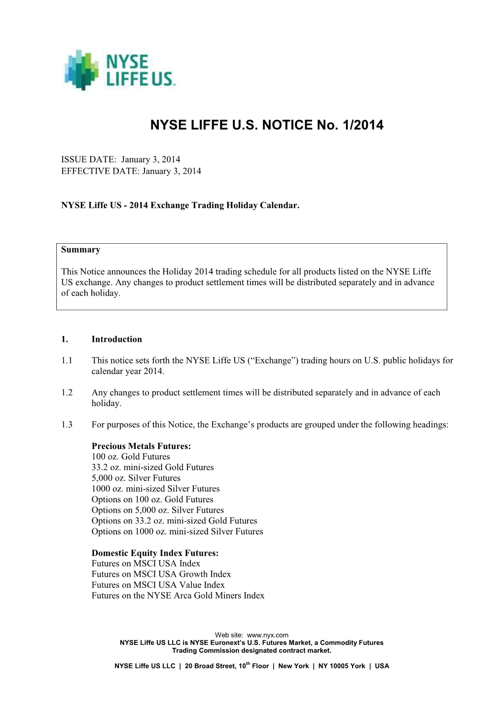 NYSE LIFFE U.S. NOTICE No. 1/2014