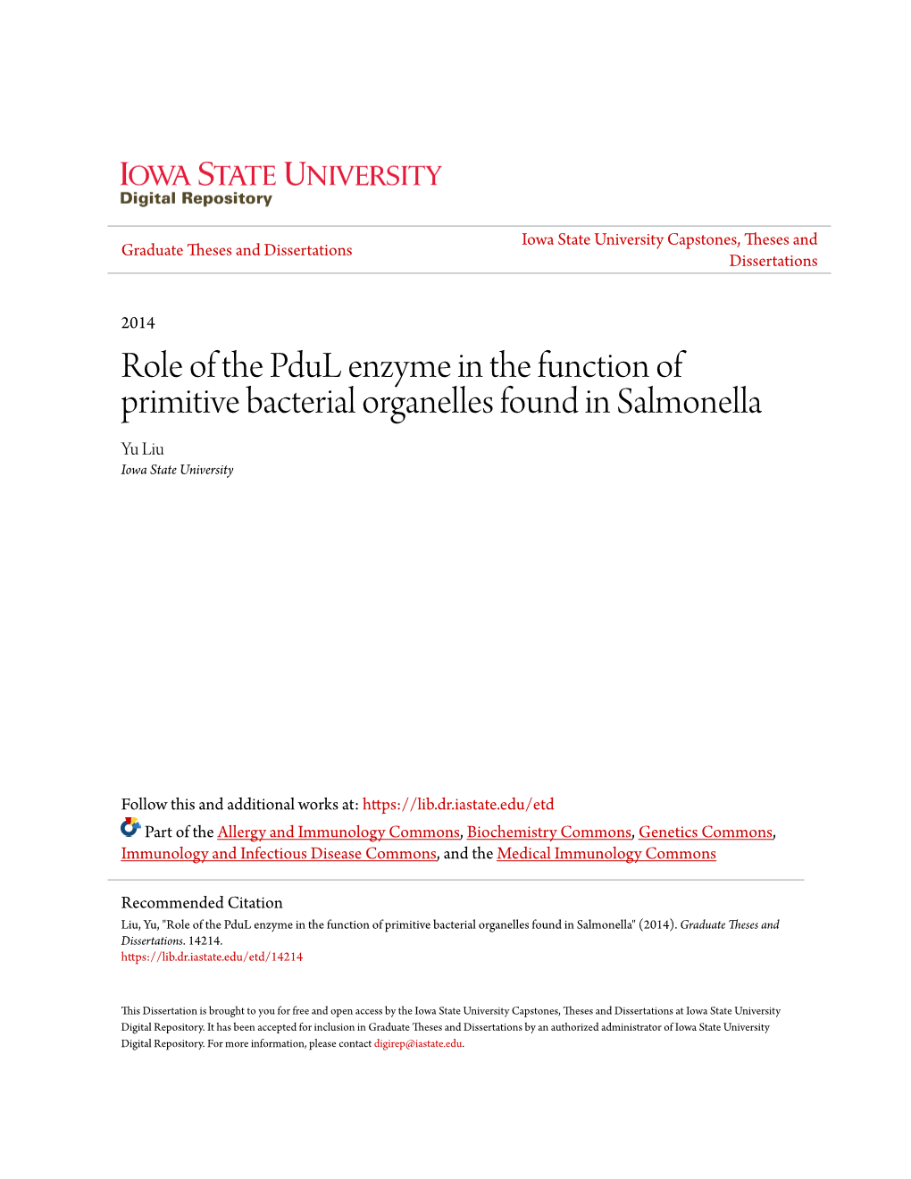 Role of the Pdul Enzyme in the Function of Primitive Bacterial Organelles Found in Salmonella Yu Liu Iowa State University